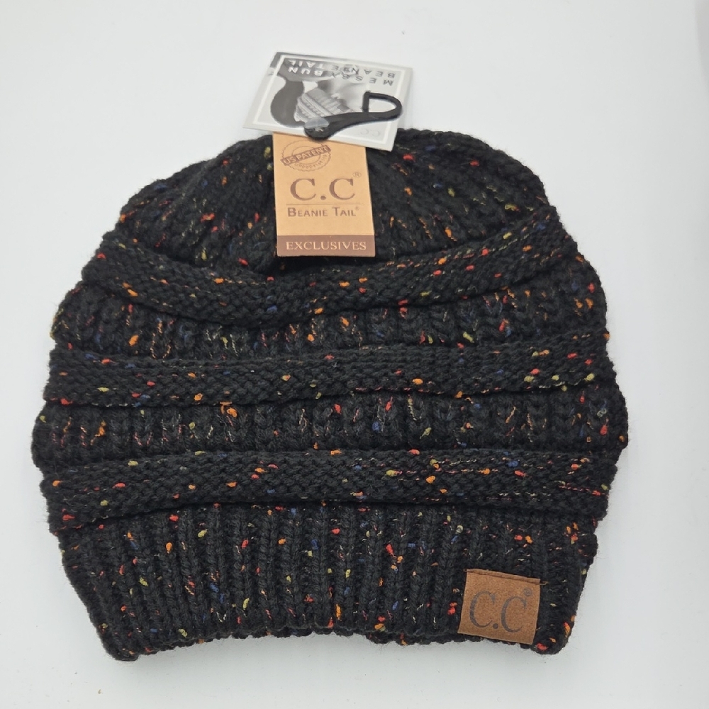 C.C Black Knit Beanie with Multicolor Speckles